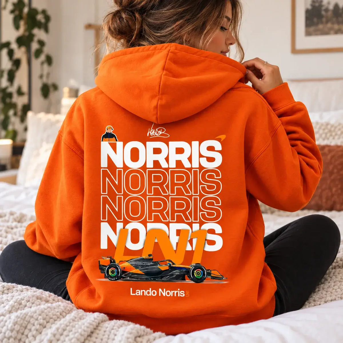 Orange Lando Norris LN1 hoodie back print lifestyle mockup