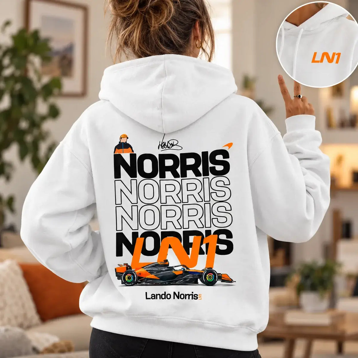 White Lando Norris LN1 hoodie back print with chest logo detail