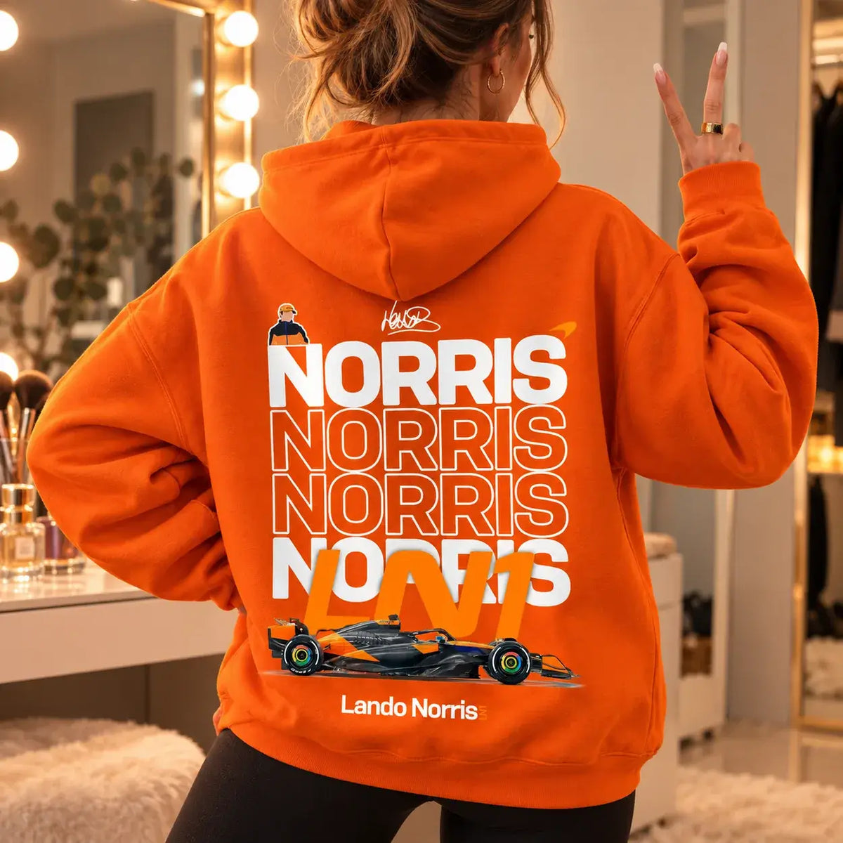 Orange Lando Norris LN1 hoodie back print lifestyle mockup