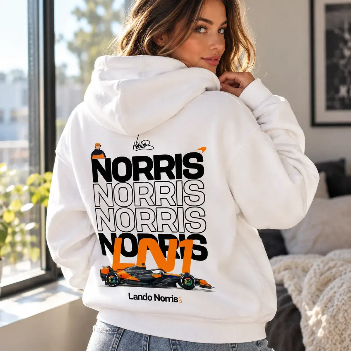 White Lando Norris LN1 hoodie back print lifestyle mockup