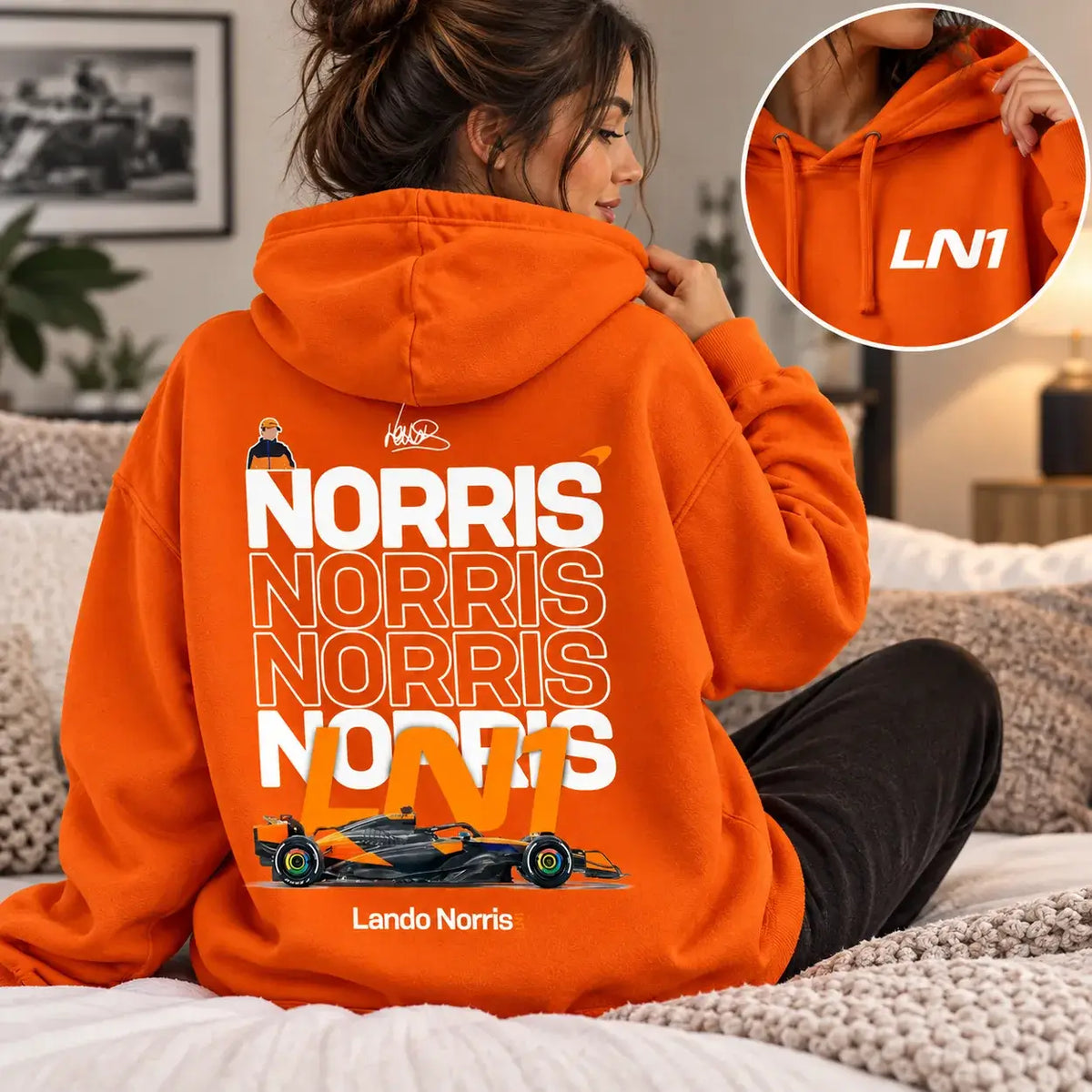 Orange Lando Norris LN1 hoodie back print with chest logo detail