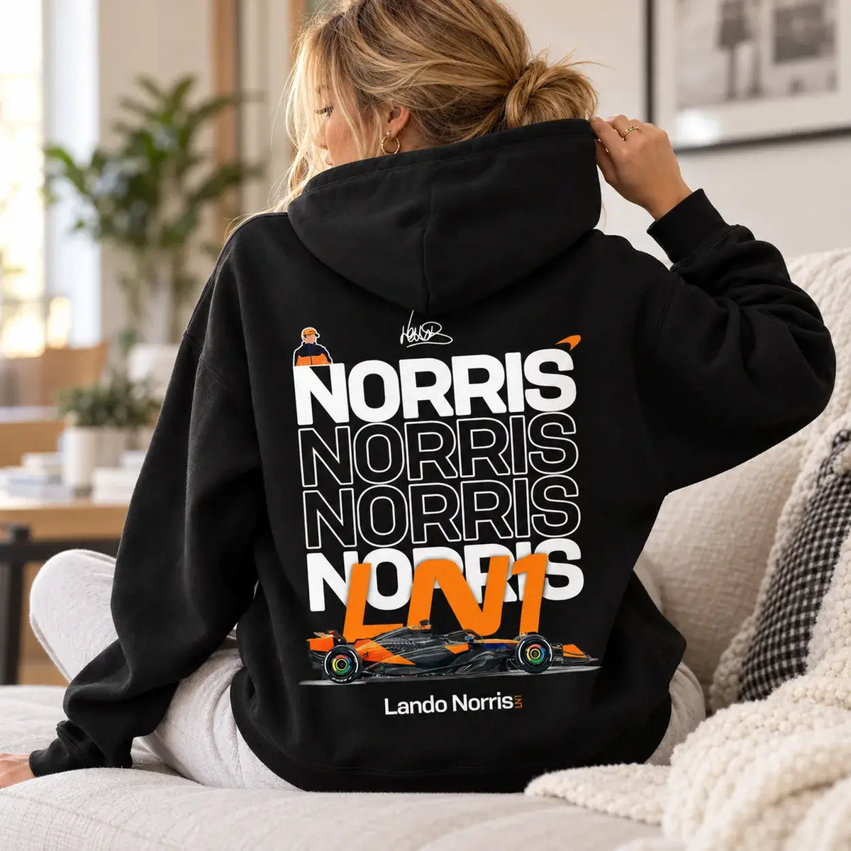Black Lando Norris LN1 hoodie back print lifestyle mockup
