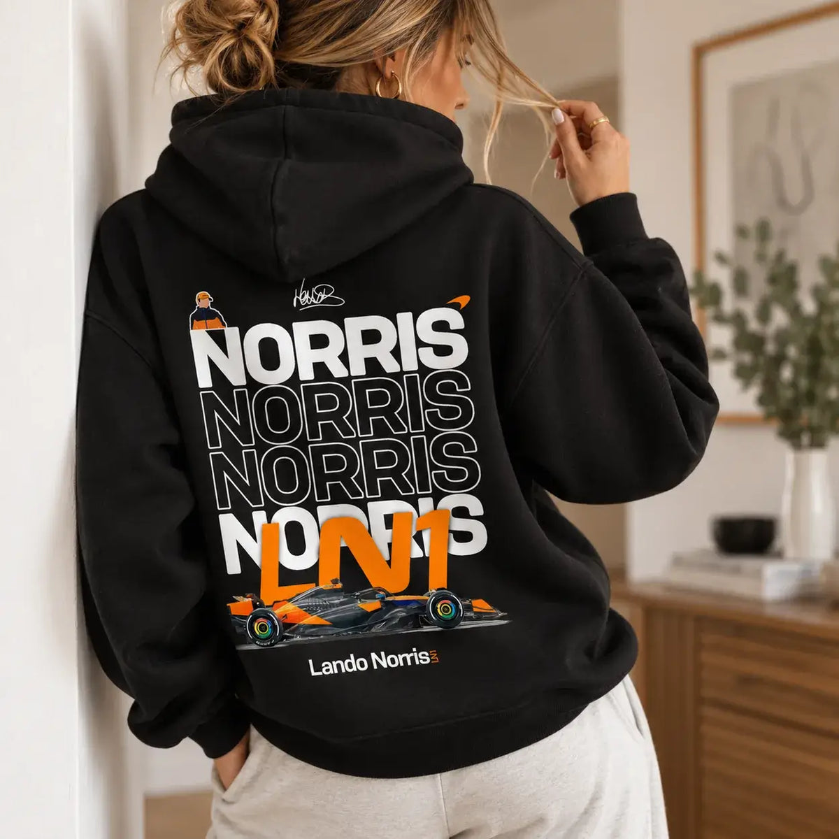 Black Lando Norris LN1 hoodie back print lifestyle mockup