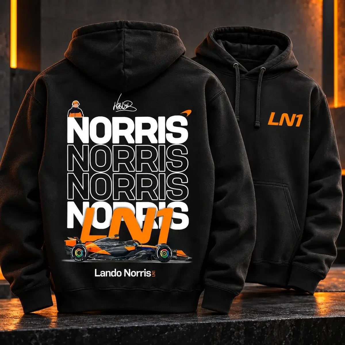 Black Lando Norris LN1 hoodie front and back studio mockup