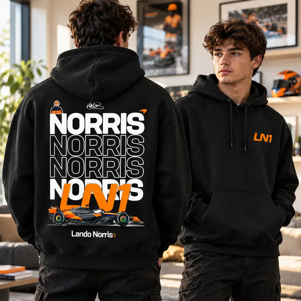 Black Lando Norris LN1 hoodie front and back male model mockup