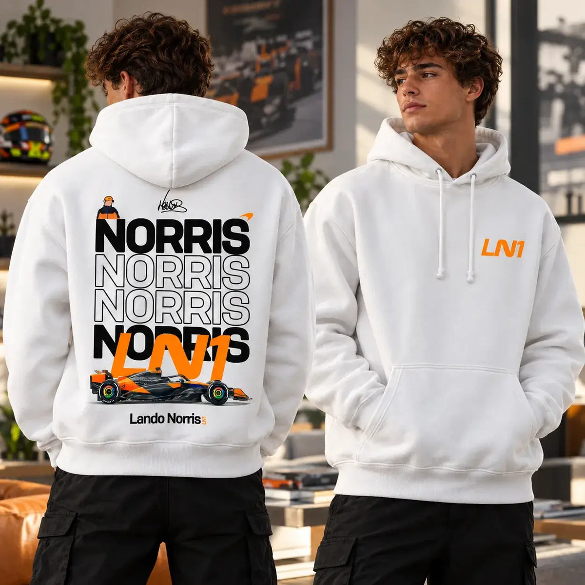 White Lando Norris LN1 hoodie front and back male model mockup