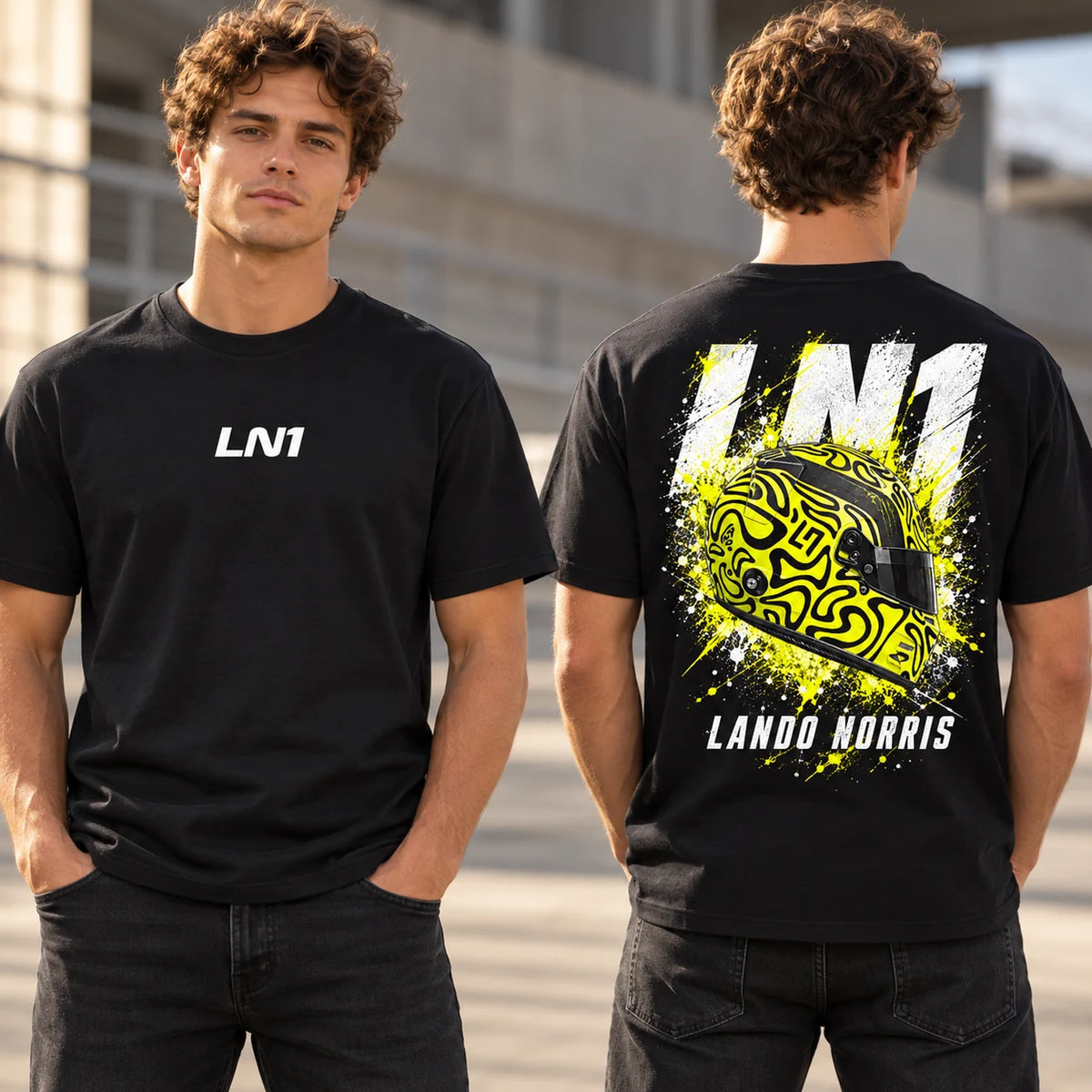 Black LN1 graphic T-shirt with small central front print and detailed helmet back design