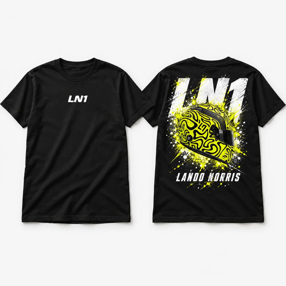 Black LN1 motorsport T-shirt mockup showing central front print and large helmet back graphic