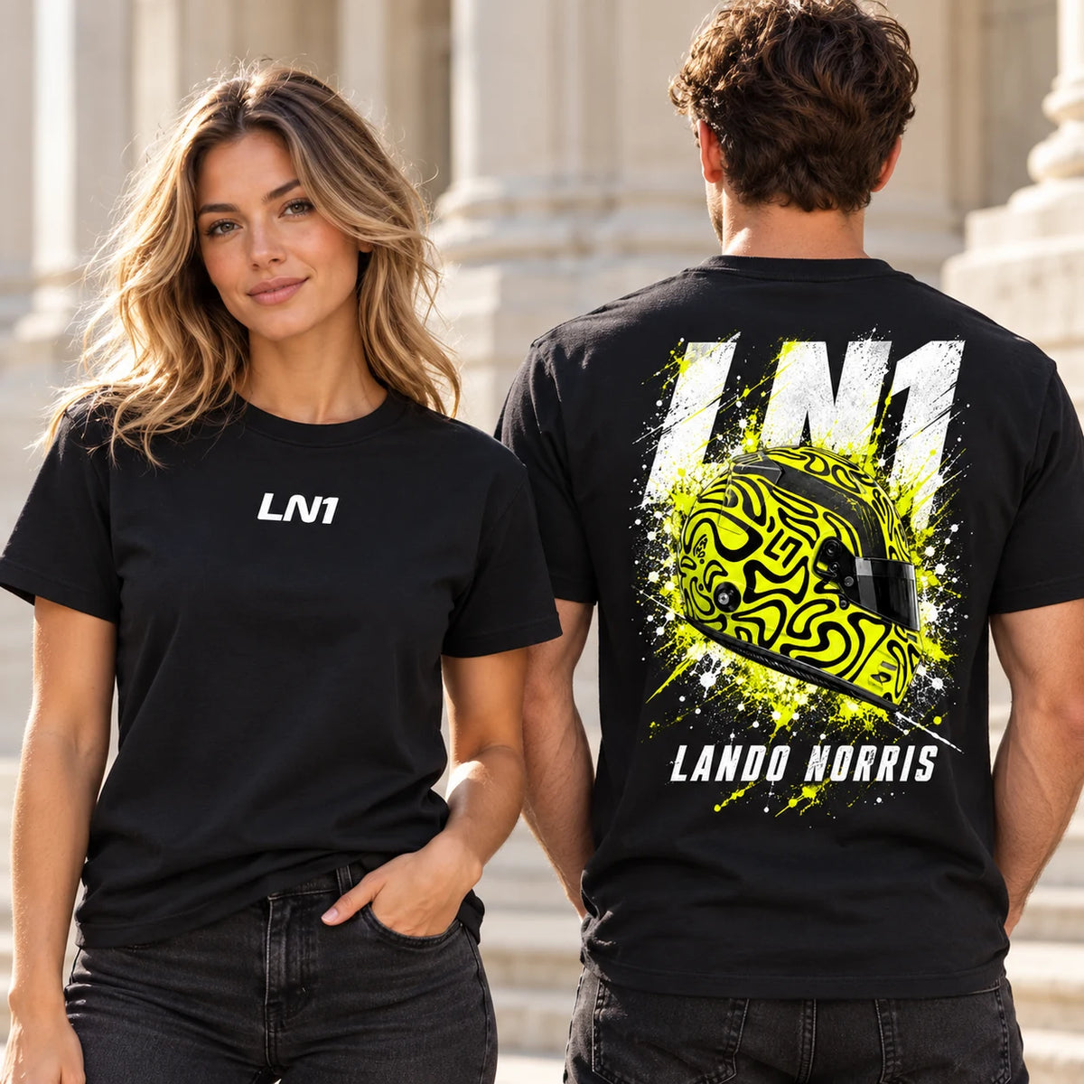 Black LN1 Formula racing fan T-shirt front and back lifestyle mockup