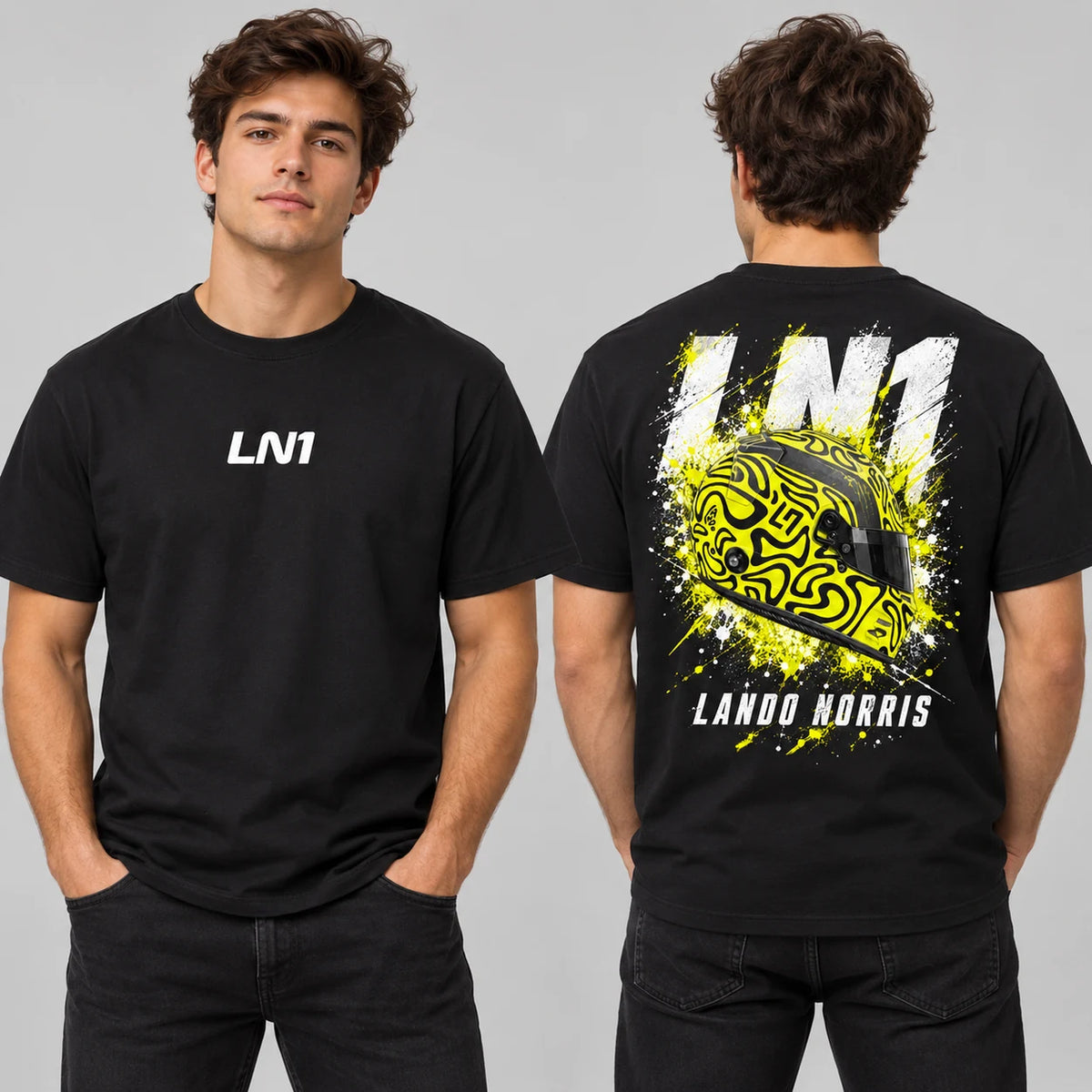 Matching black LN1 racing T-shirts with coordinated front and helmet back prints