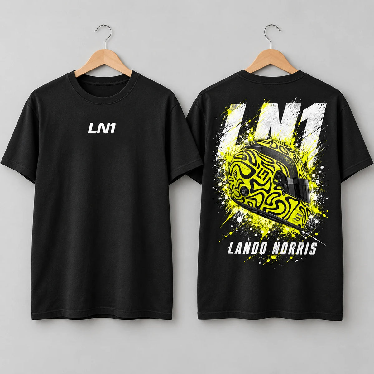 Black Lando Norris inspired LN1 T-shirt front and back two-view mockup
