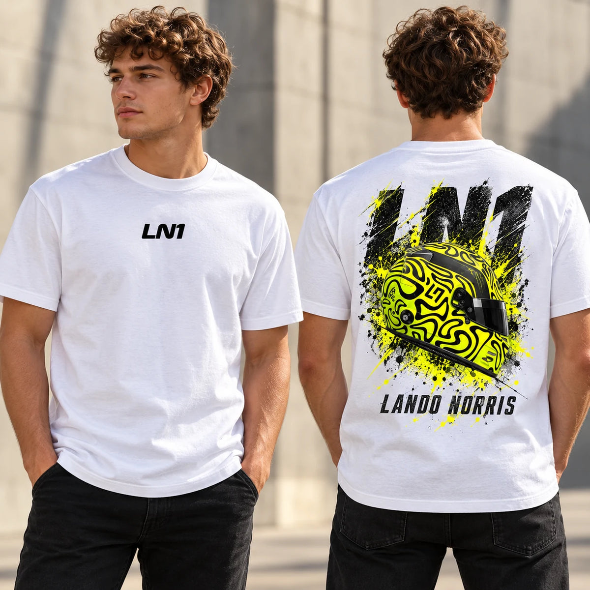 White LN1 graphic T-shirt two-view mockup featuring front LN1 print and racing helmet back