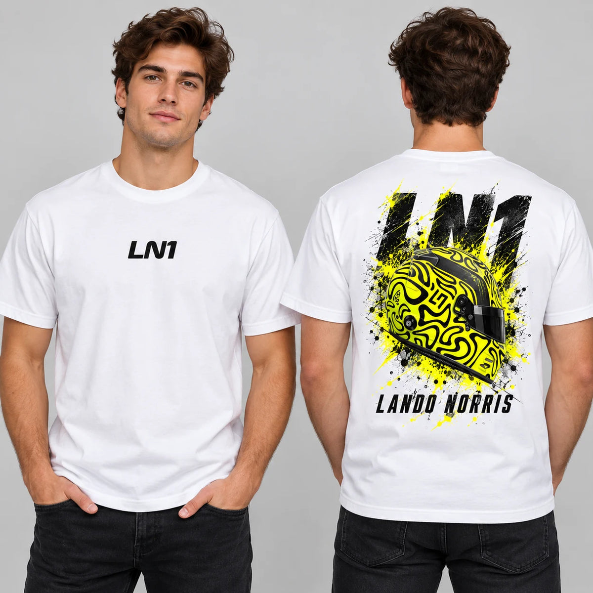 White LN1 motorsport T-shirt mockup showing small central front print and helmet back print