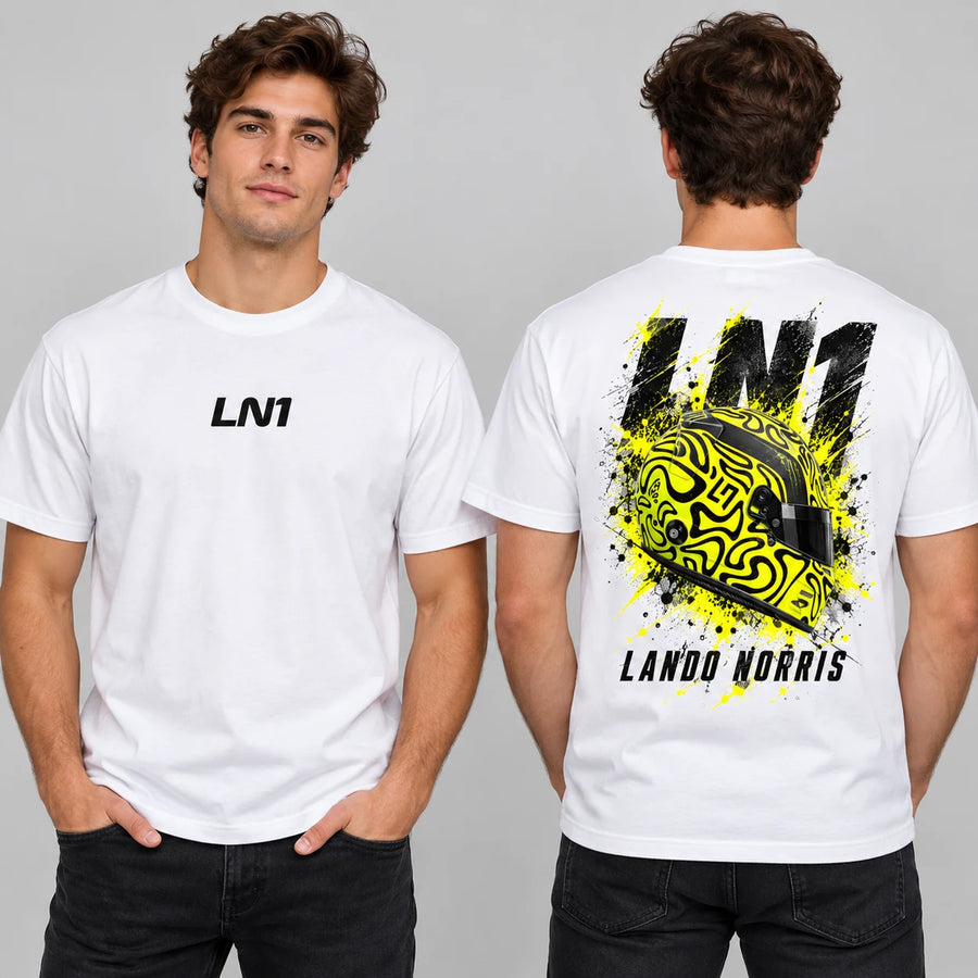 White LN1 motorsport T-shirt mockup showing small central front print and helmet back print