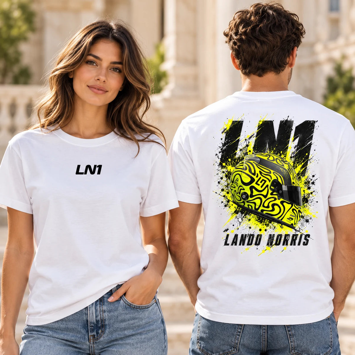 White LN1 Formula racing fan T-shirts with central front detail and helmet back print