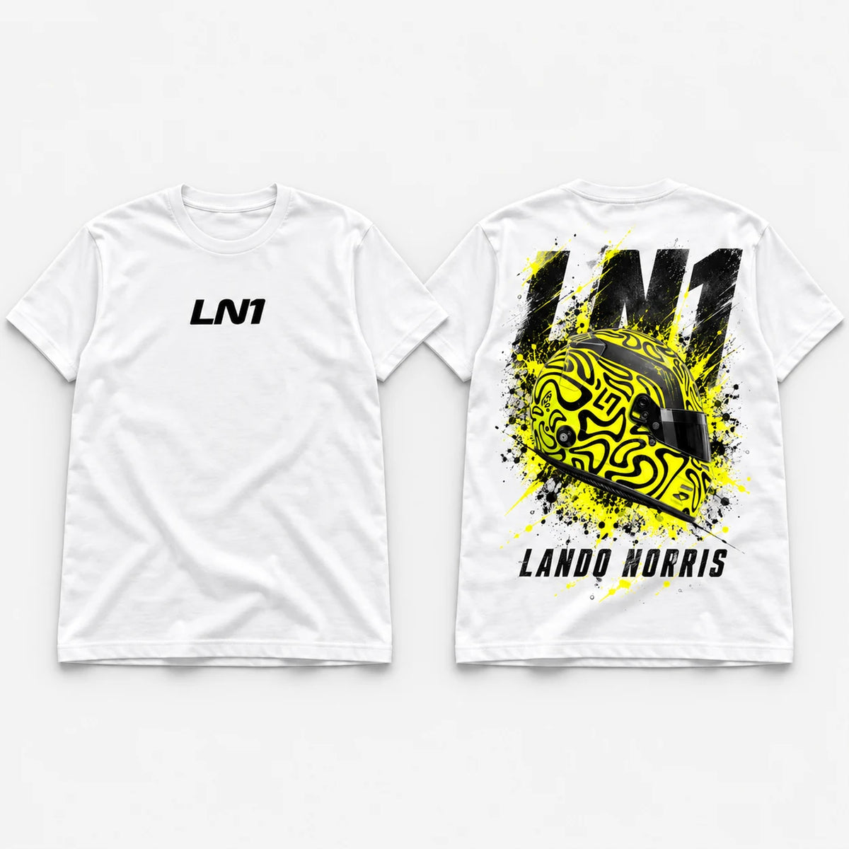 White LN1 racing T-shirts showing coordinated central front print and large helmet back design