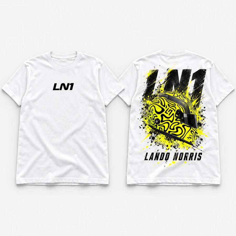 White LN1 racing T-shirts showing coordinated central front print and large helmet back design
