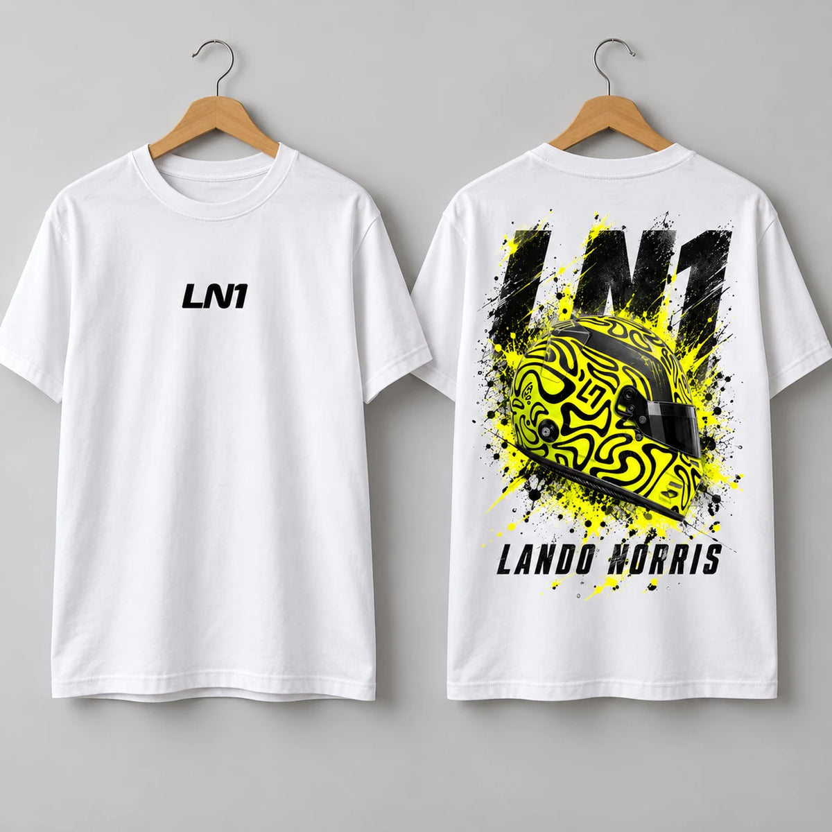 White Lando Norris inspired LN1 T-shirt front and back mockup with helmet graphic
