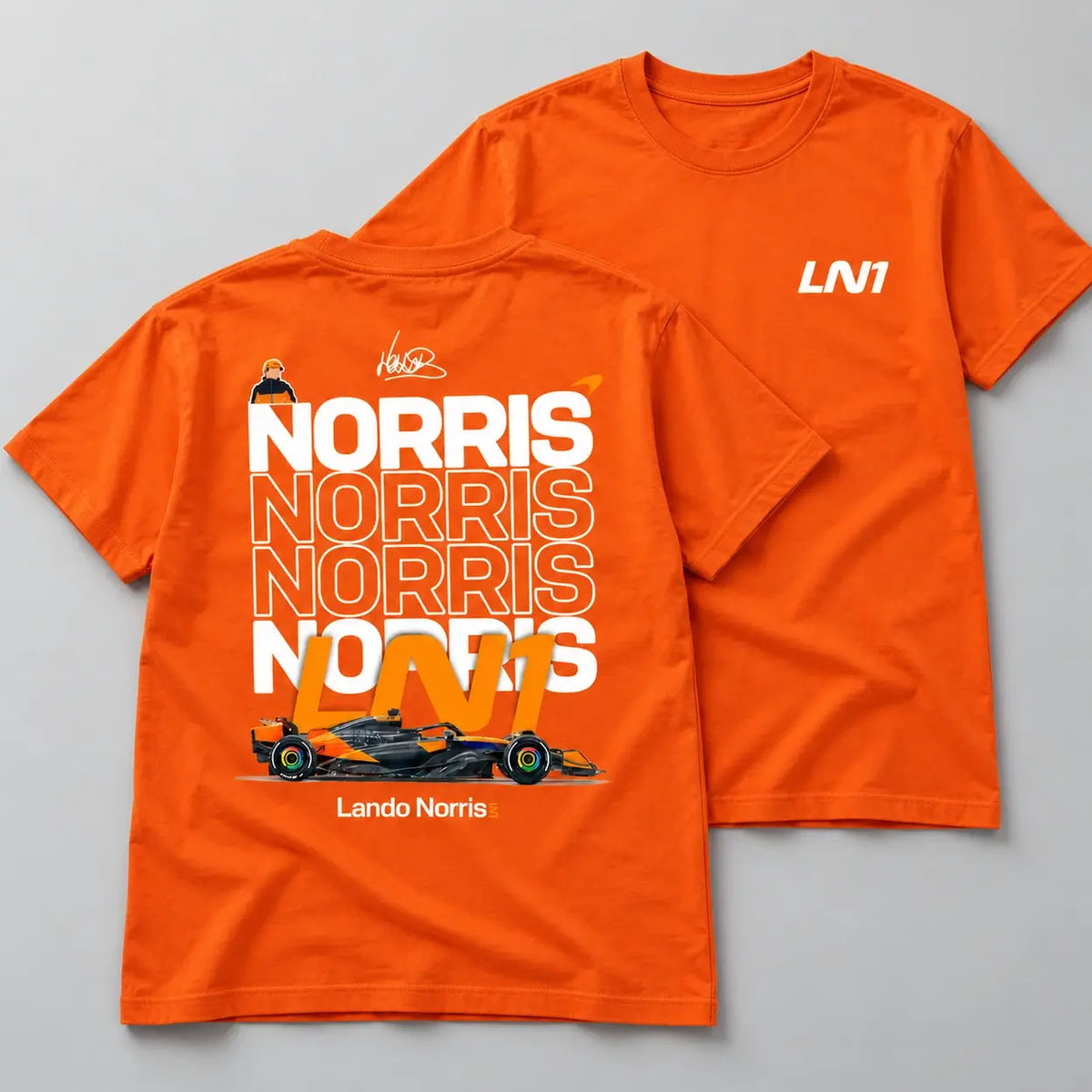 Orange Lando Norris LN1 T-shirt front and back flat lay
