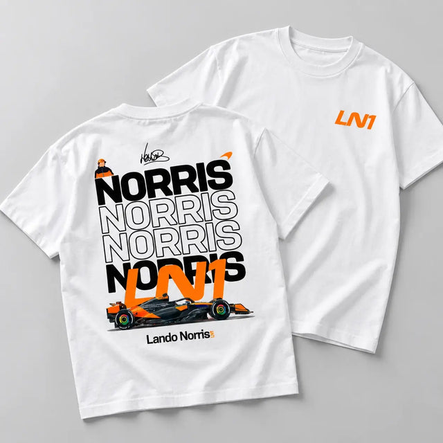 White Lando Norris LN1 T-shirt front and back flat lay