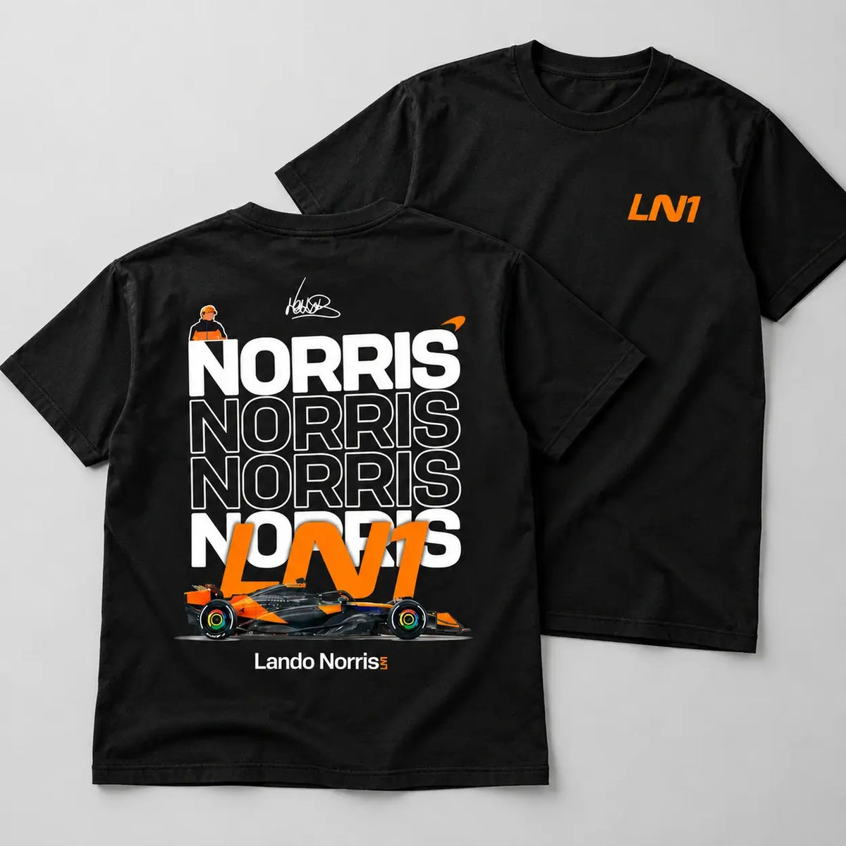 Black Lando Norris LN1 T-shirt front and back flat lay