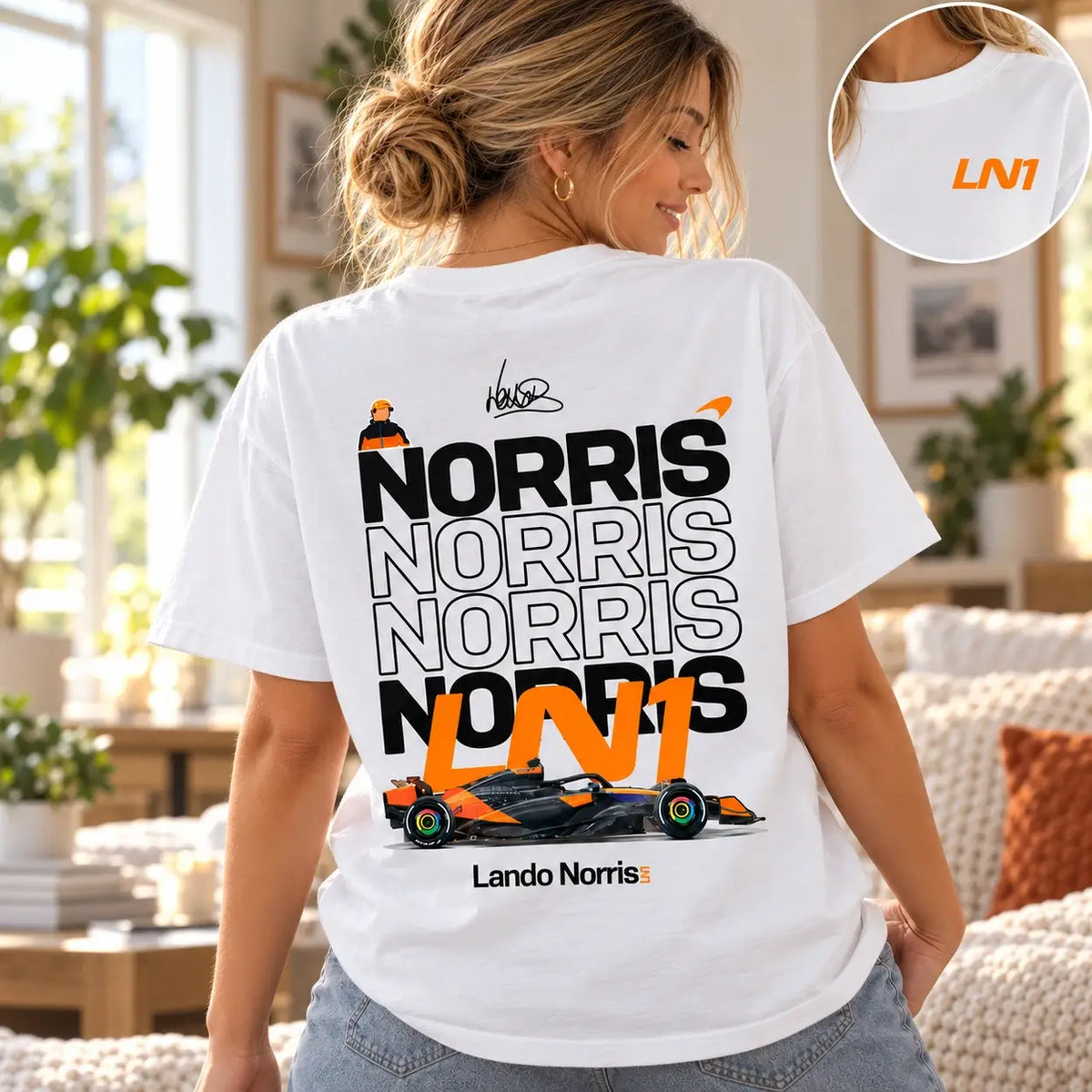 White Lando Norris LN1 T-shirt lifestyle back print