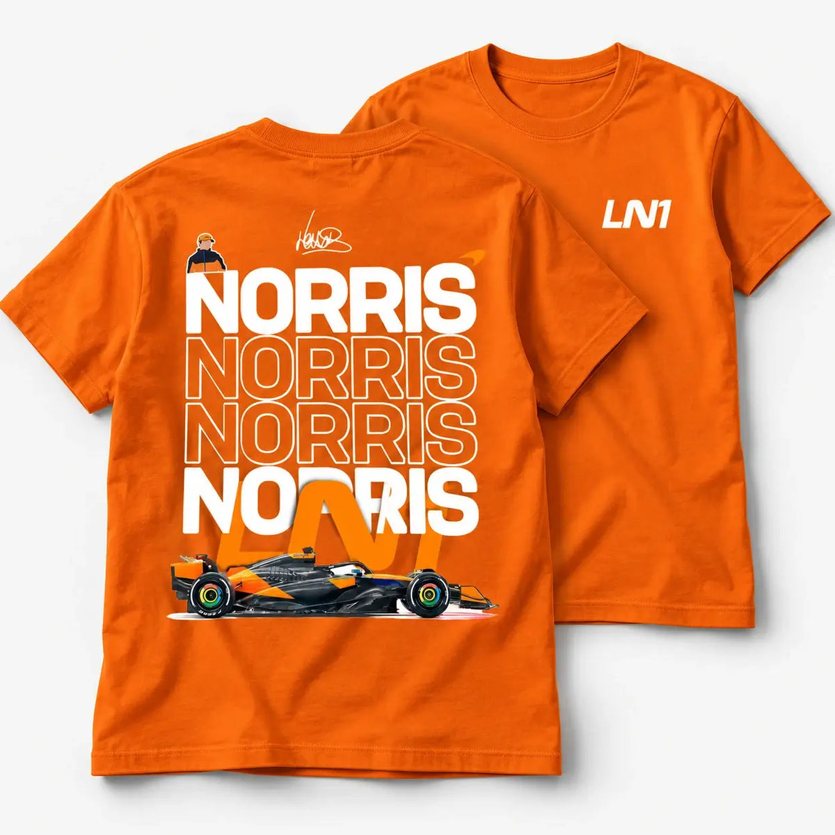 Orange Lando Norris LN1 T-shirt alternate front and back flat lay