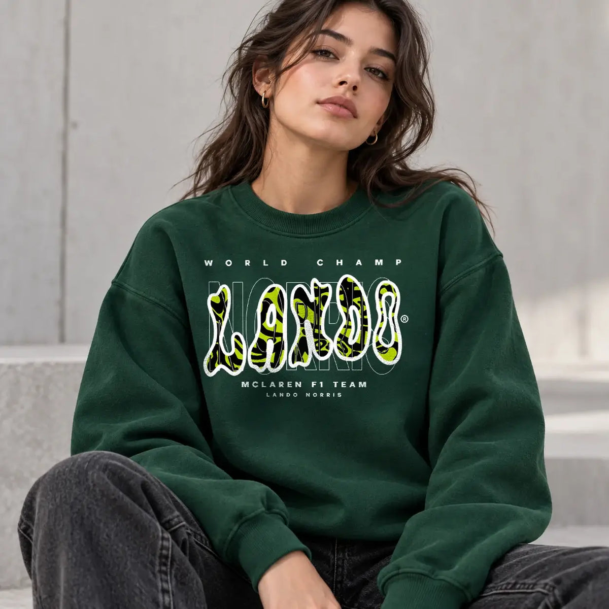 Bottle green Lando Norris World Champ jumper lifestyle mockup