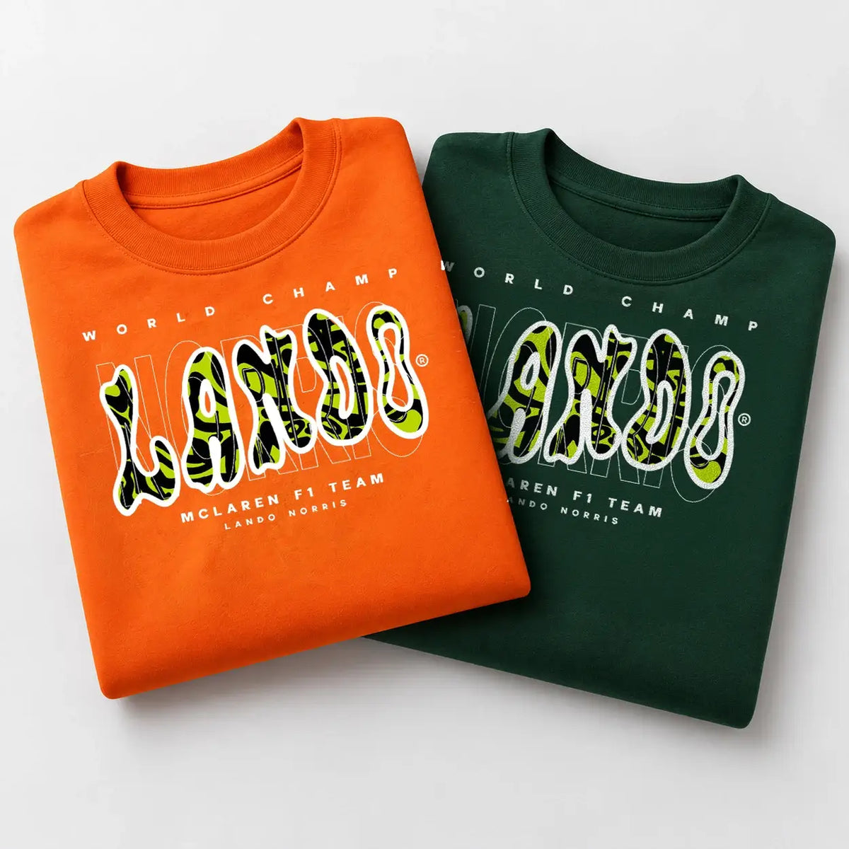 Orange and bottle green Lando Norris World Champ jumpers folded mockup