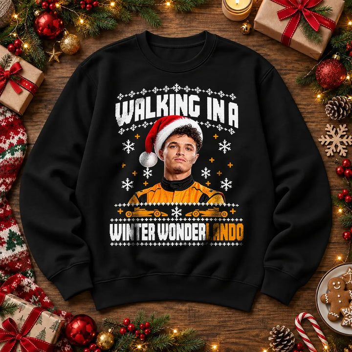 Lando Norris Winter WonderLando F1 inspired festive Christmas jumper in Black, front design