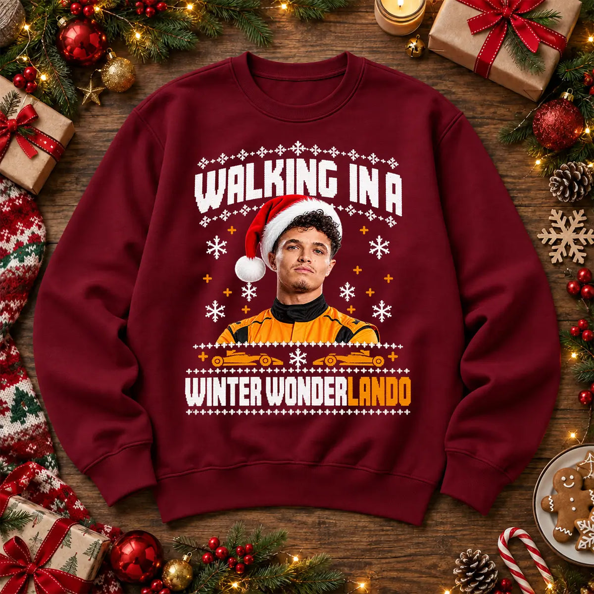 Lando Norris Winter WonderLando F1 inspired festive Christmas jumper in Burgundy, front design