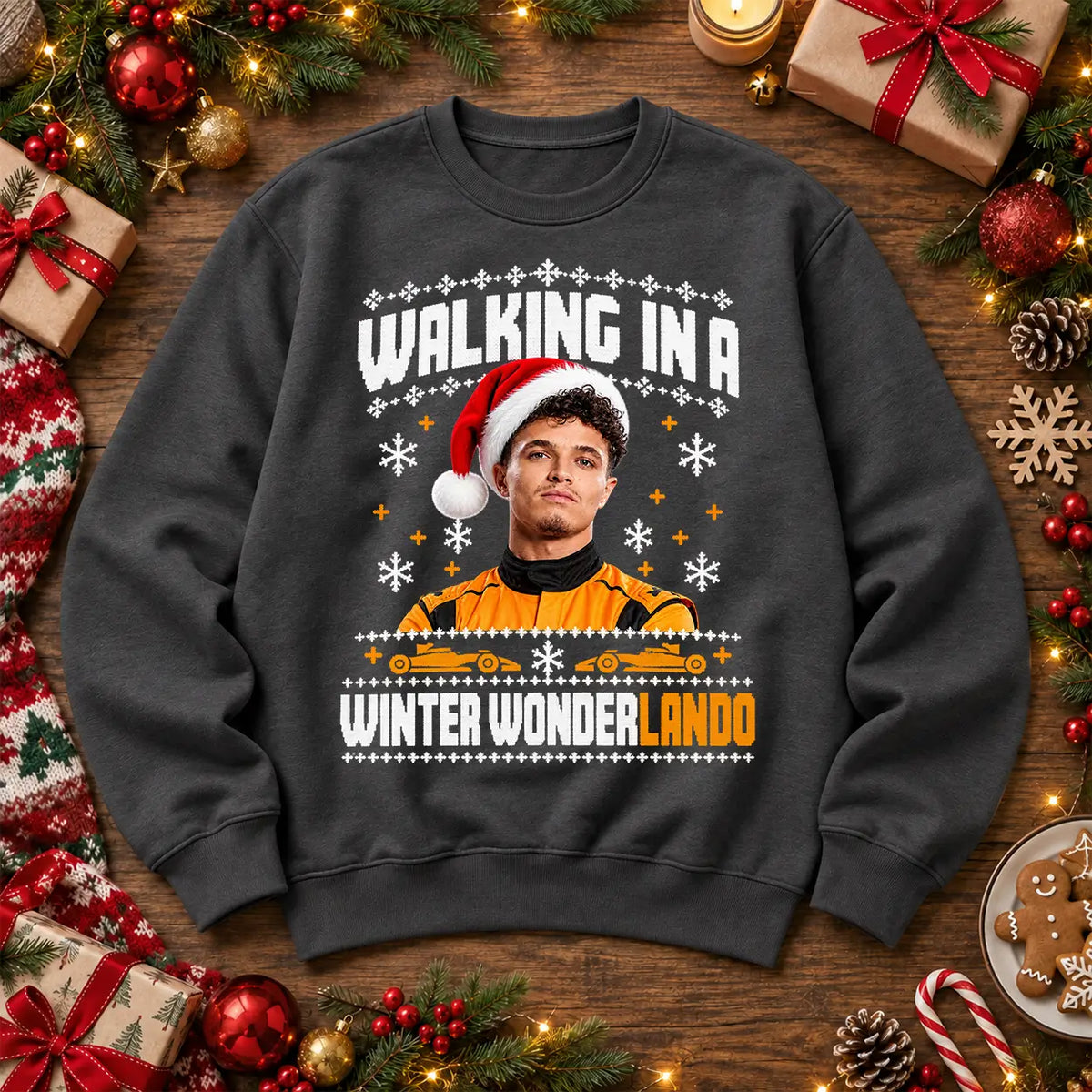 Lando Norris Winter WonderLando F1 inspired festive Christmas jumper in Charcoal, front design