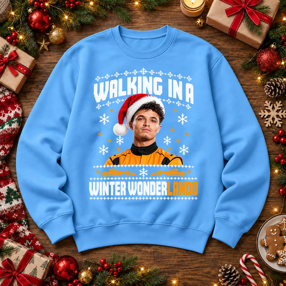 Lando Norris Winter WonderLando F1 inspired festive Christmas jumper in Sky Blue, front design