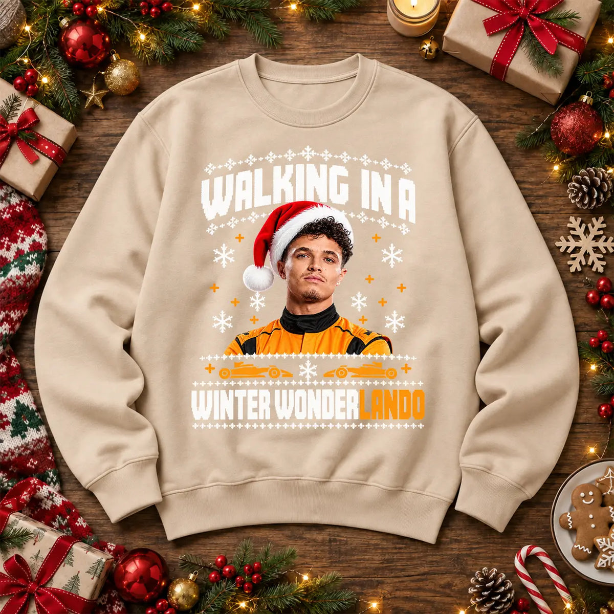Lando Norris Winter WonderLando F1 inspired festive Christmas jumper in Stone, front design