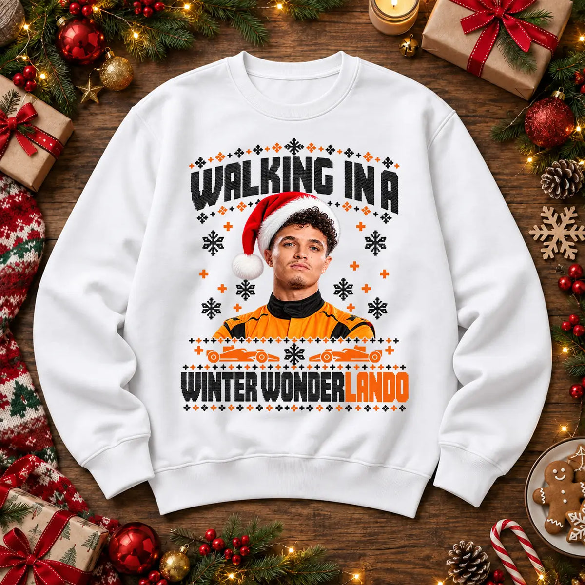 Lando Norris Winter WonderLando F1 inspired festive Christmas jumper in White, front design