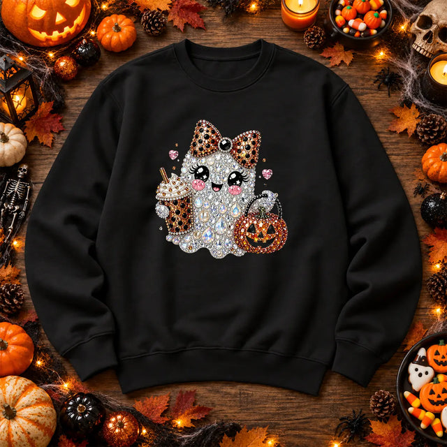 Black leopard bow ghost Halloween jumper with pumpkin artwork