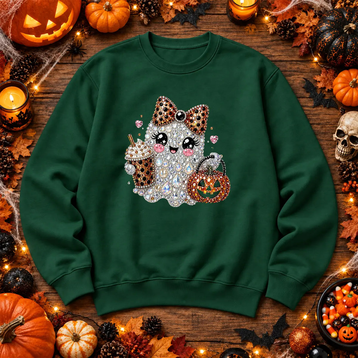 Bottle Green leopard bow ghost Halloween jumper with pumpkin artwork