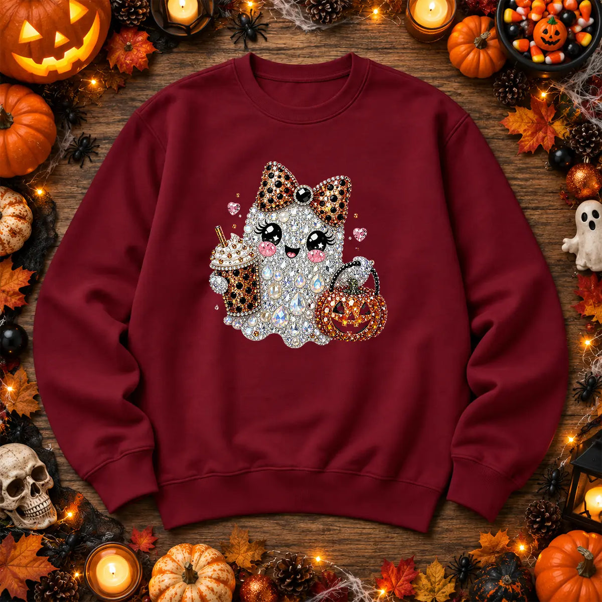 Burgundy leopard bow ghost Halloween jumper with pumpkin artwork