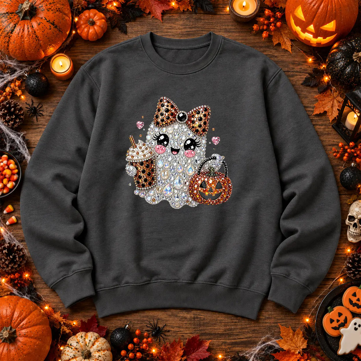 Charcoal leopard bow ghost Halloween jumper with pumpkin artwork