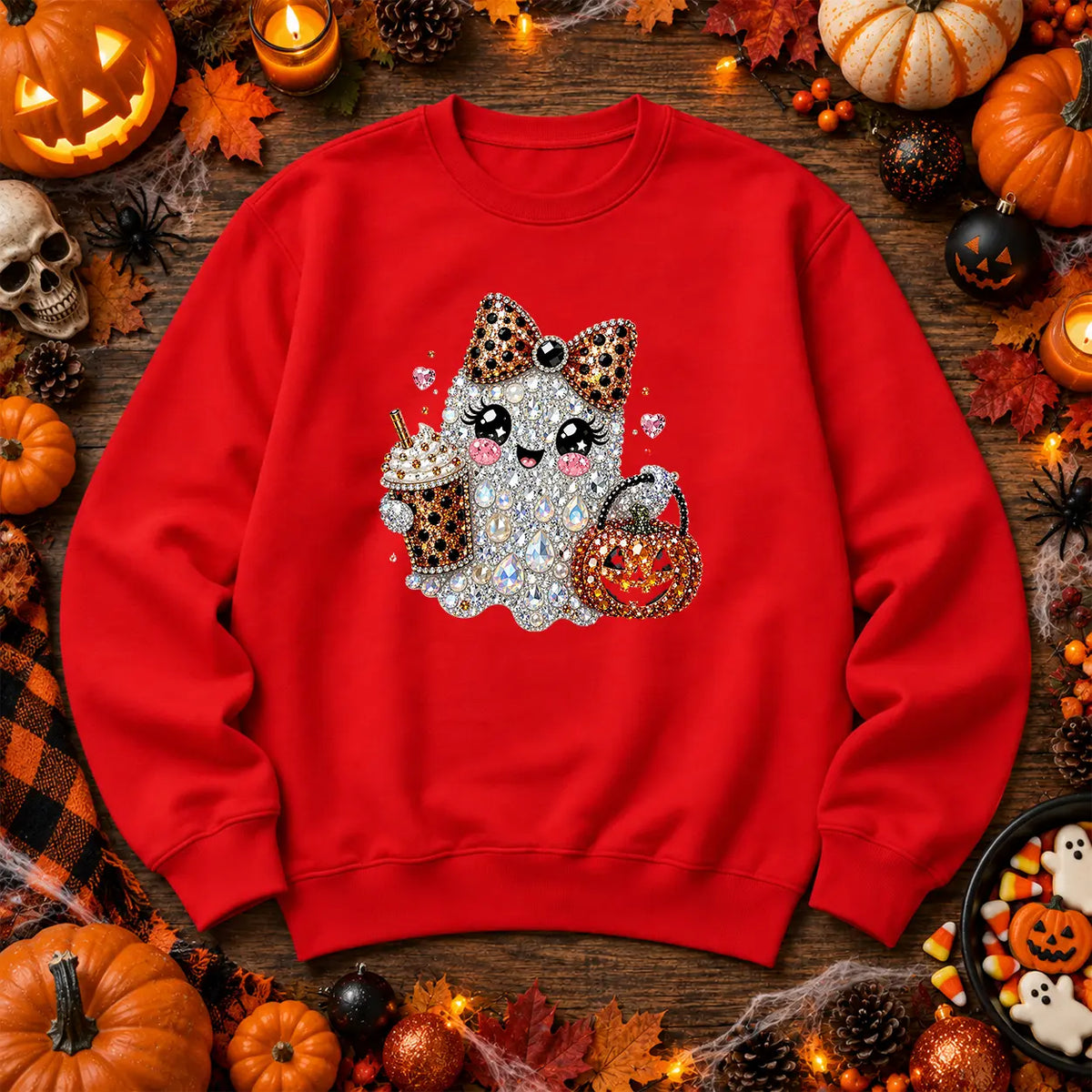 Fire Red leopard bow ghost Halloween jumper with pumpkin artwork