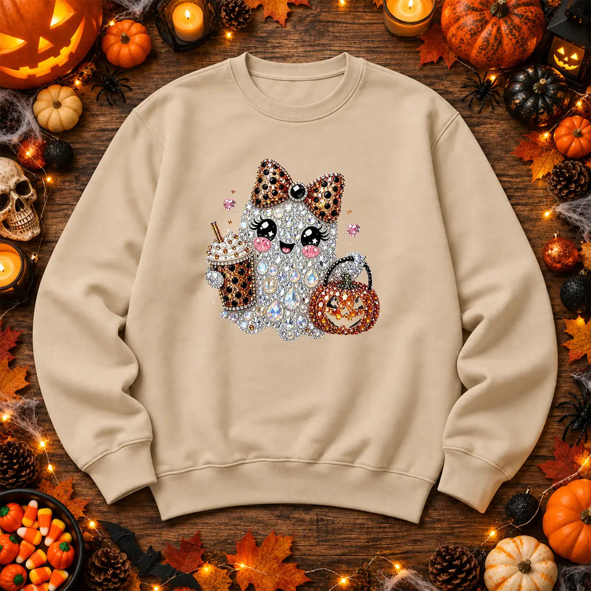 Natural Stone leopard bow ghost Halloween jumper with pumpkin artwork