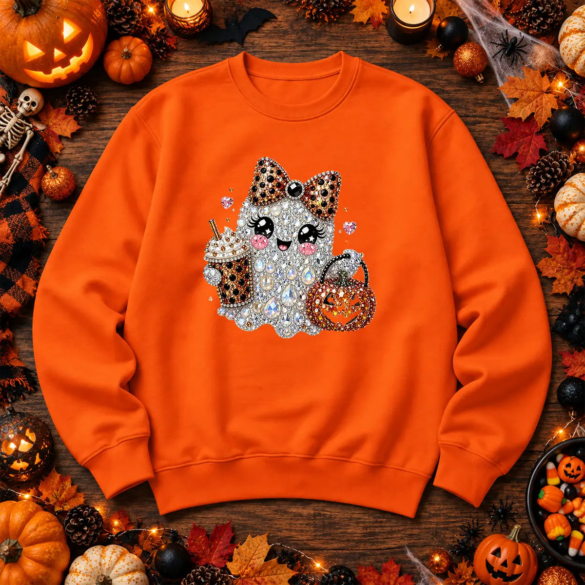 Orange leopard bow ghost Halloween jumper with pumpkin artwork