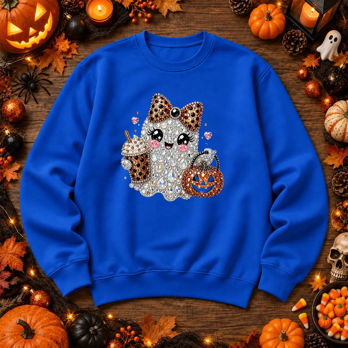 Royal Blue leopard bow ghost Halloween jumper with pumpkin artwork