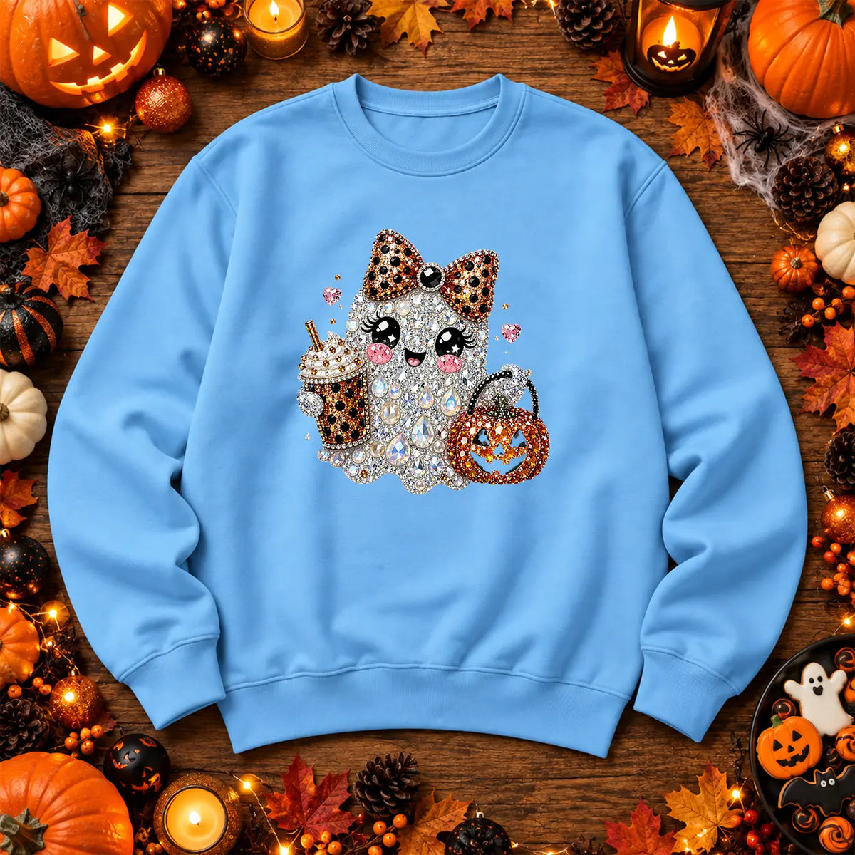 Sky Blue leopard bow ghost Halloween jumper with pumpkin artwork
