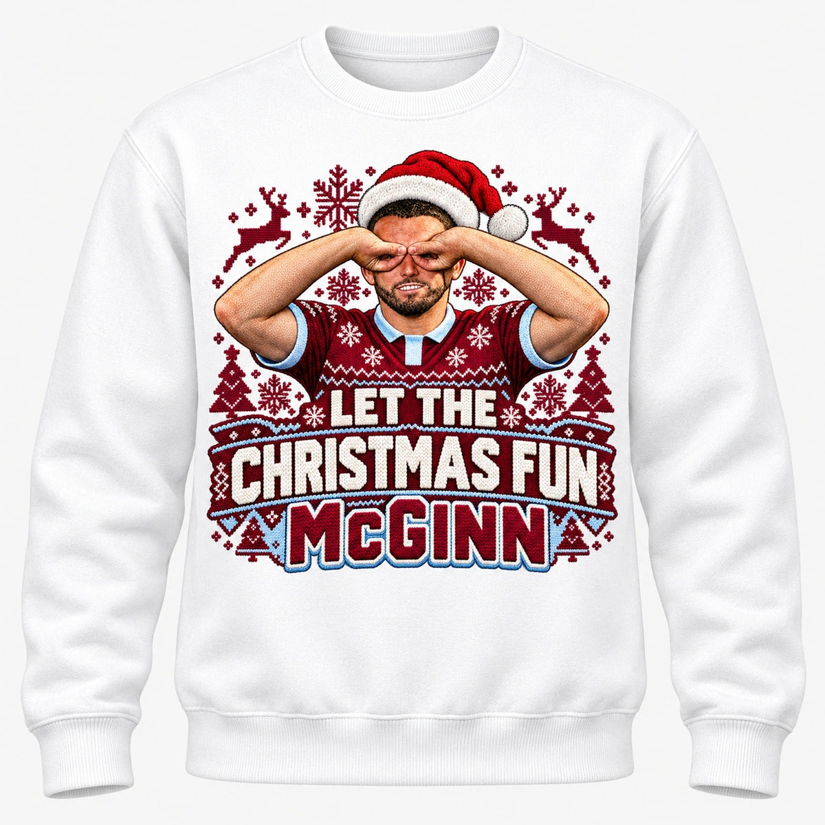 John McGinn Let the Christmas Fun McGinn Christmas jumper – White front mockup