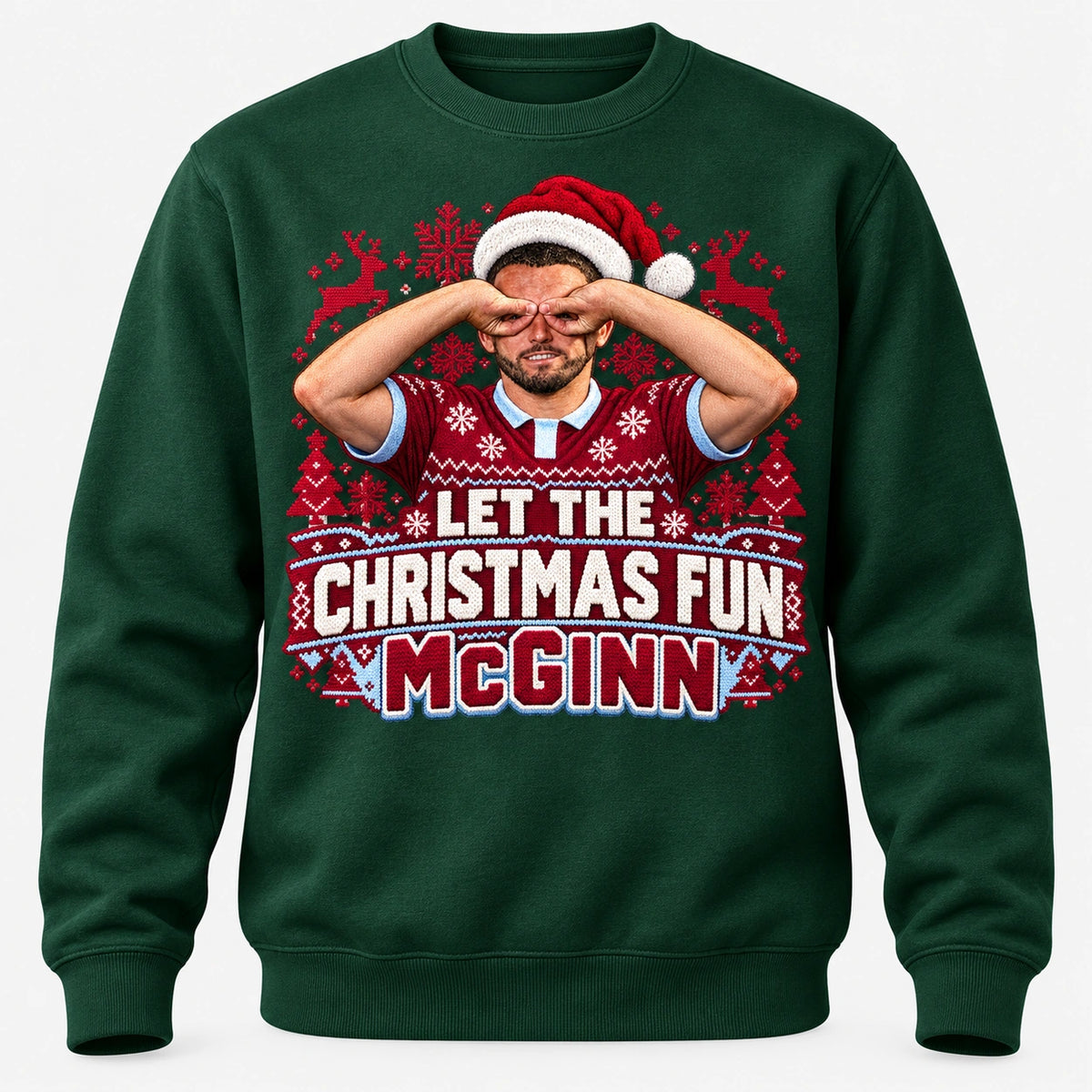 John McGinn Let the Christmas Fun McGinn Christmas jumper – Bottle Green front mockup