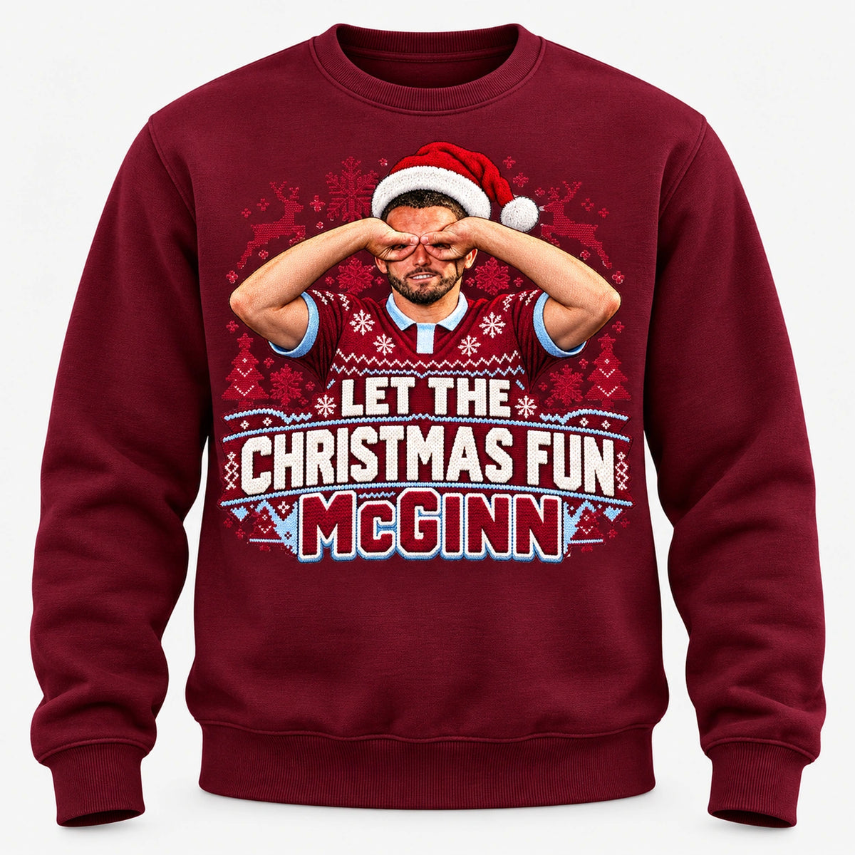 John McGinn Let the Christmas Fun McGinn Christmas jumper – Burgundy front mockup