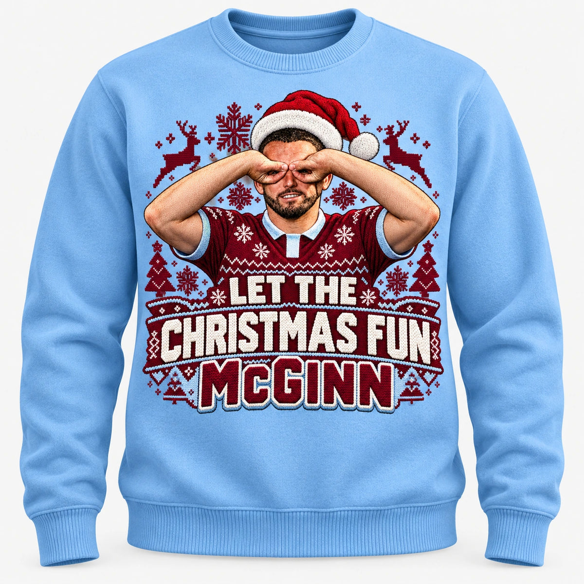 John McGinn Let the Christmas Fun McGinn Christmas jumper – Sky Blue front mockup