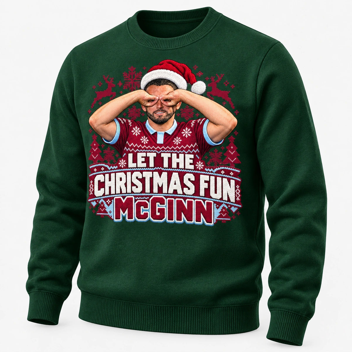 John McGinn Let the Christmas Fun McGinn Christmas jumper – Bottle Green angled mockup