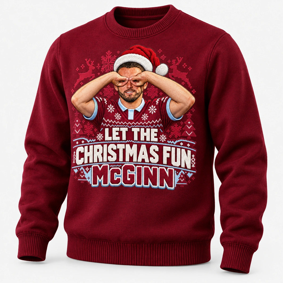 John McGinn Let the Christmas Fun McGinn Christmas jumper – Burgundy angled mockup